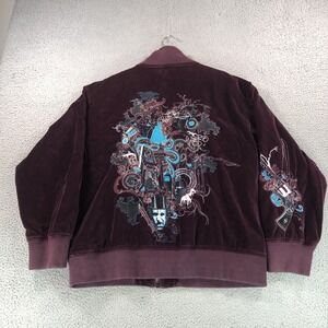 VTG Artful Dodger Jacket Mens 2XL Burgundy Velour Embroidered Graphic Pistol